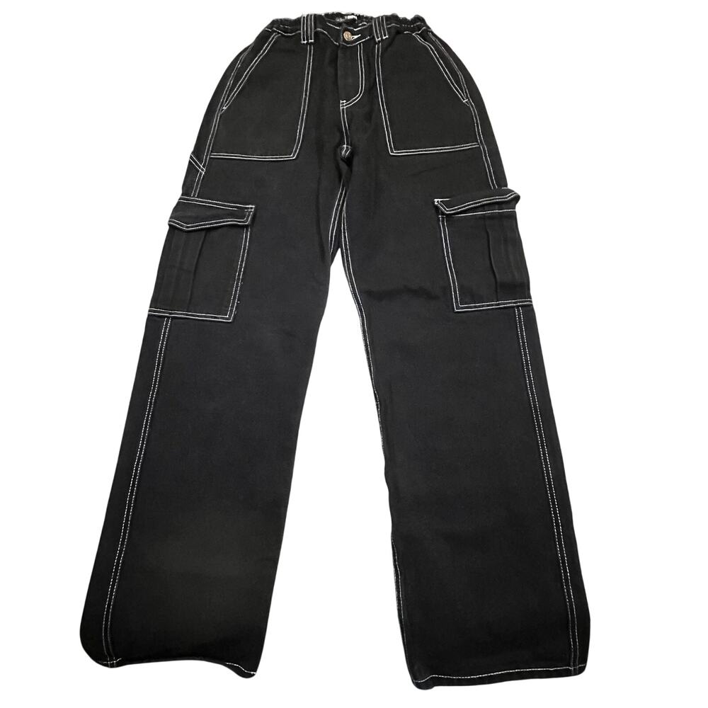 Fashion Nova Cargo Pants Womens 5 Black Utility Baggy Contrast Stitch Streetwear